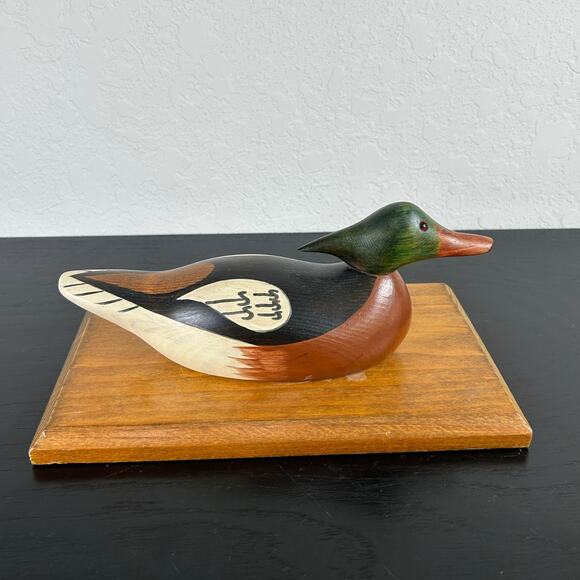VTG  Table Decor Duck Decoy- Painted Wood- mounted on wood- mallard- 10x6” - Picture 3 of 6